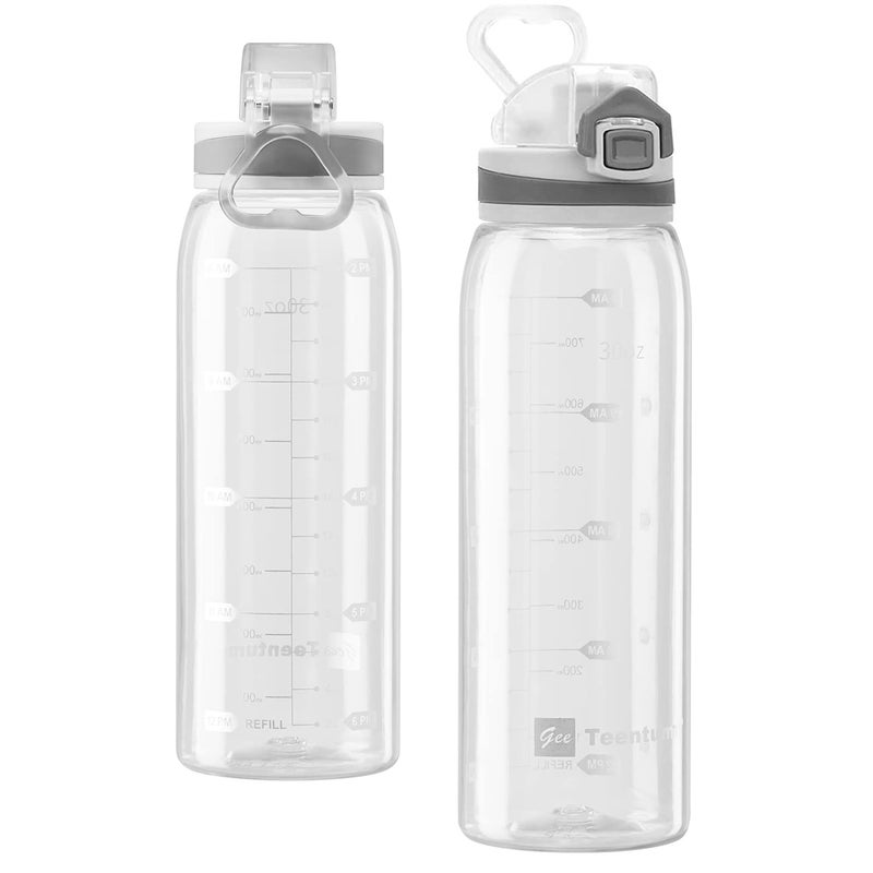 Teentumn 30oz Sport Water Bottle with Time Markers, Large Durable Gym Plastic Bottle Tritan BPA Free for Fitness, School, Outdoor Enthusiasts, Leakproof Clear (Pack of 1) - Image 1
